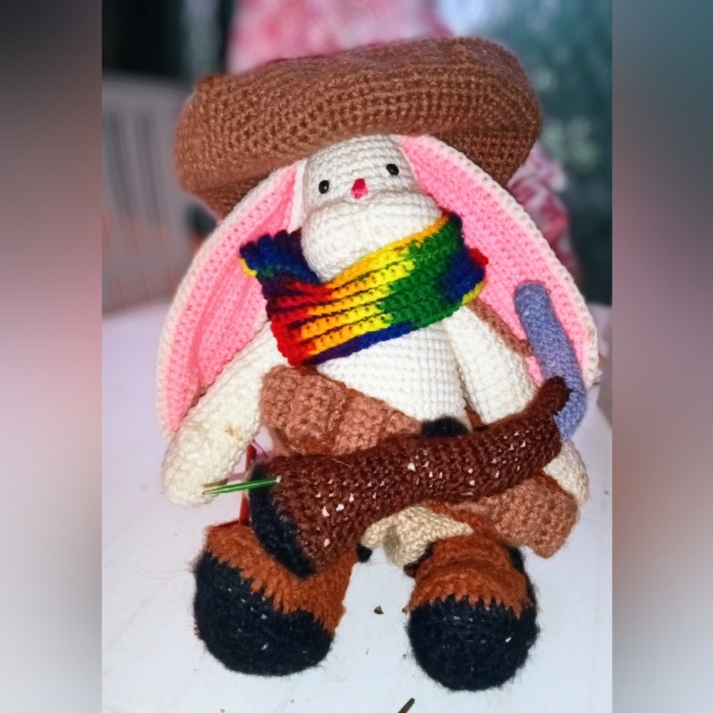 Handmade crochet stuffed Robin hood bunny.